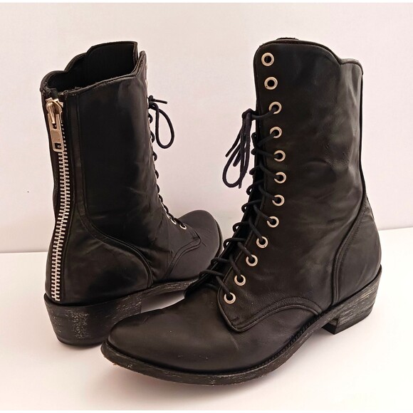 Old Gringo Blk Leather Combat Boot Lace Up Silver Back Zip 9.5M Made in Mexico - Picture 8 of 16